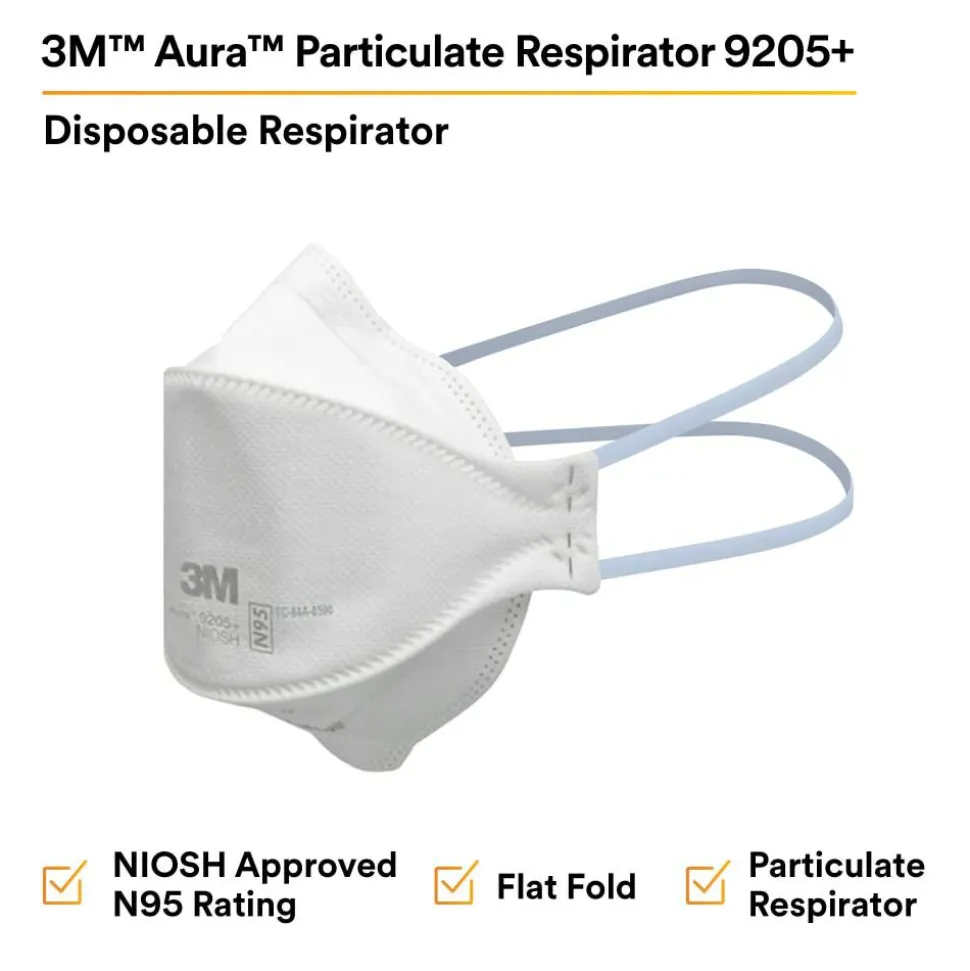 3M Aura N95 Particulate Respirators, 9205+, White, Pack Of 240 Respirators