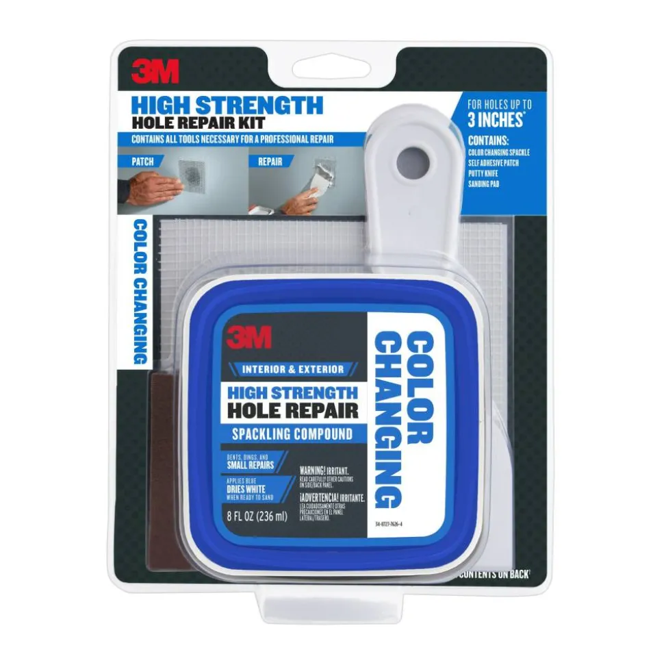 3M High Strength Hole Repair Kit, 1 Kit, Heavy Duty, Waterproof, Blue-to-White Color Changing Spackling Compound, Wall Filler