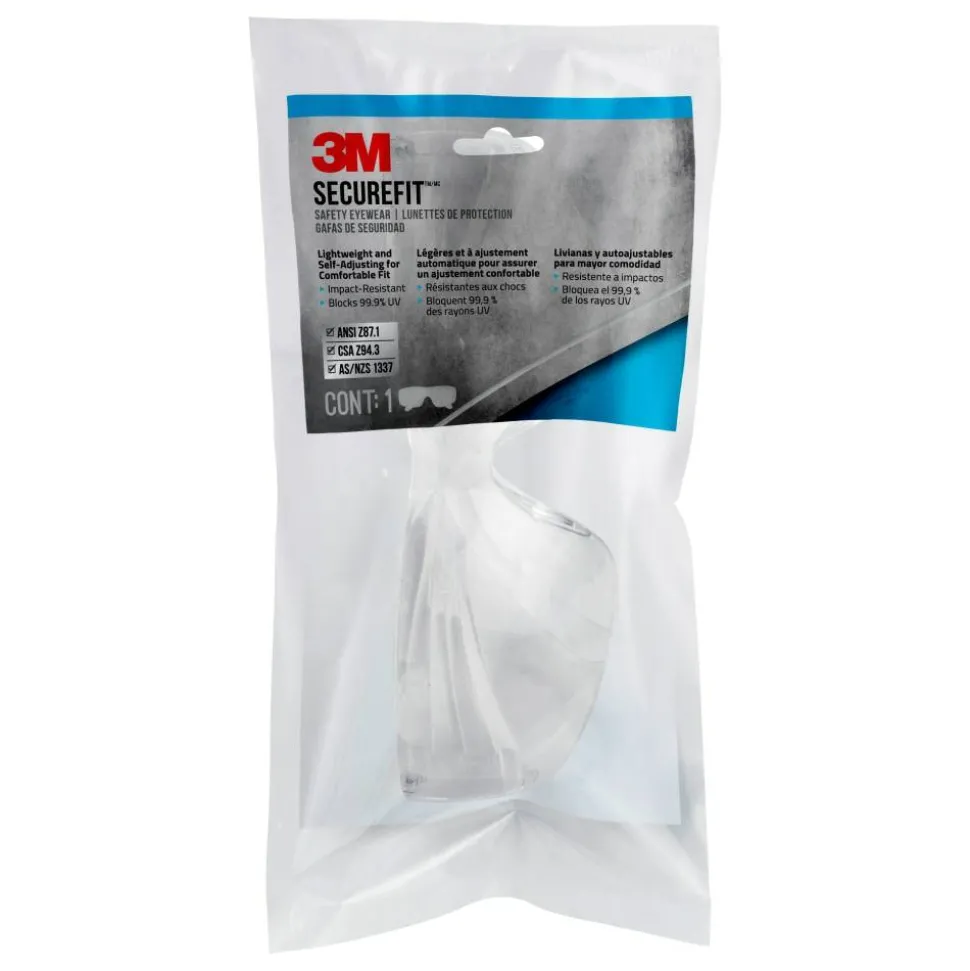 3M SecureFit 200 Eyewear Anti-Fog, 1 Pack of Safety Glasses, Clear, Clear Lens