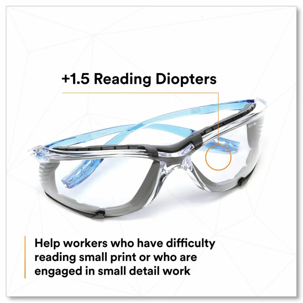 3M Virtua CCS Protective Eyewear with Foam Gasket, 1.5+ Diopter, Blue Half Frame, Clear Dual Lens