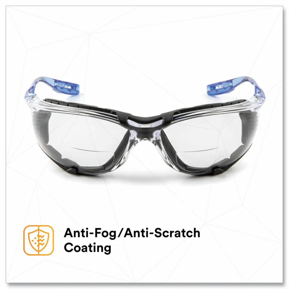 3M Virtua CCS Protective Eyewear with Foam Gasket, 1.5+ Diopter, Blue Half Frame, Clear Dual Lens