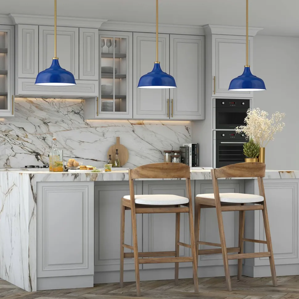Mackenzie 10.75" Wide Pendant with Metal Shade in Blue/Brass/Blue