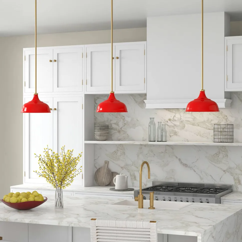 Mackenzie 10.75" Wide Pendant with Metal Shade in Poppy Red/Brass/Poppy Red