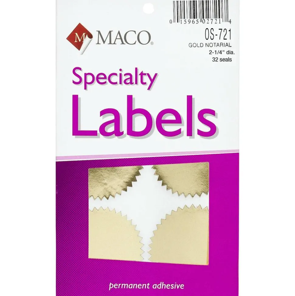 Maco Notary Gold Foil Seals - Round - 2.25" Diameter - Self-adhesive - For Award, Certificate, Legal Document - Gold - 32 / Pack