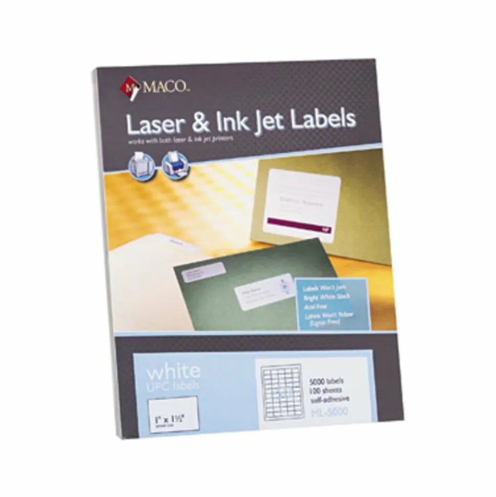 MACO UPC Permanent Labels, MACML5000, Rectangle, 1"W x 1 1/2"L, White, 50 Per Sheet, Box Of 5,000