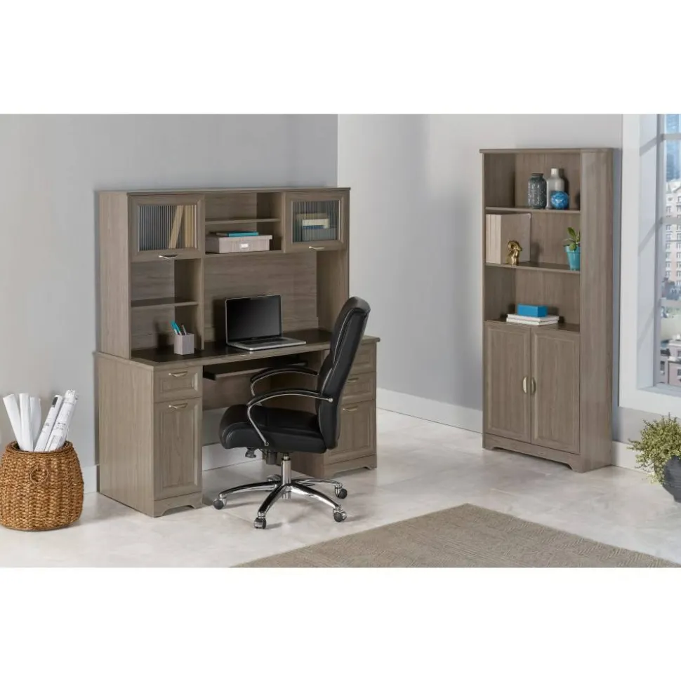 Magellan 72"H 5-Shelf Contemporary Bookcase With Doors, Gray/Medium Finish