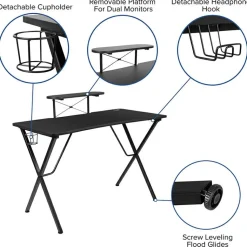 Mallot Black Gaming Desk with Cup Holder, Headphone Hook, and Monitor/Smartphone Stand