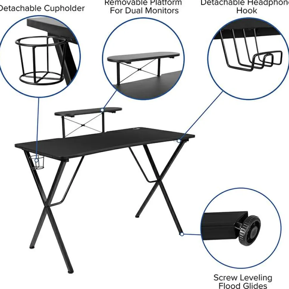 Mallot Black Gaming Desk with Cup Holder, Headphone Hook, and Monitor/Smartphone Stand