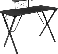 Mallot Black Gaming Desk with Cup Holder, Headphone Hook, and Monitor/Smartphone Stand