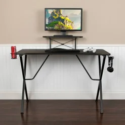 Mallot Black Gaming Desk with Cup Holder, Headphone Hook, and Monitor/Smartphone Stand