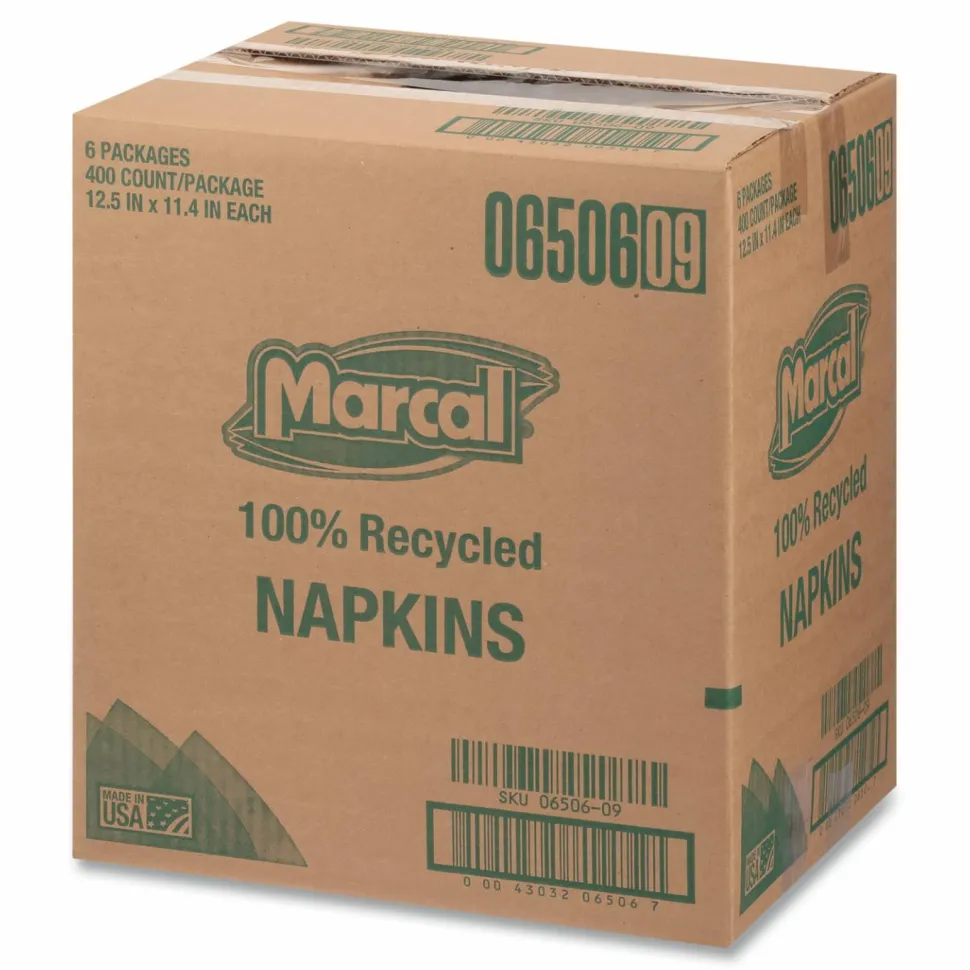 Marcal 1-Ply Luncheon Napkins, 12-1/2"H x 11-1/4"W, 100% Recycled Paper, White, 400 Napkins Per Pack, 6 Packs Per Carton