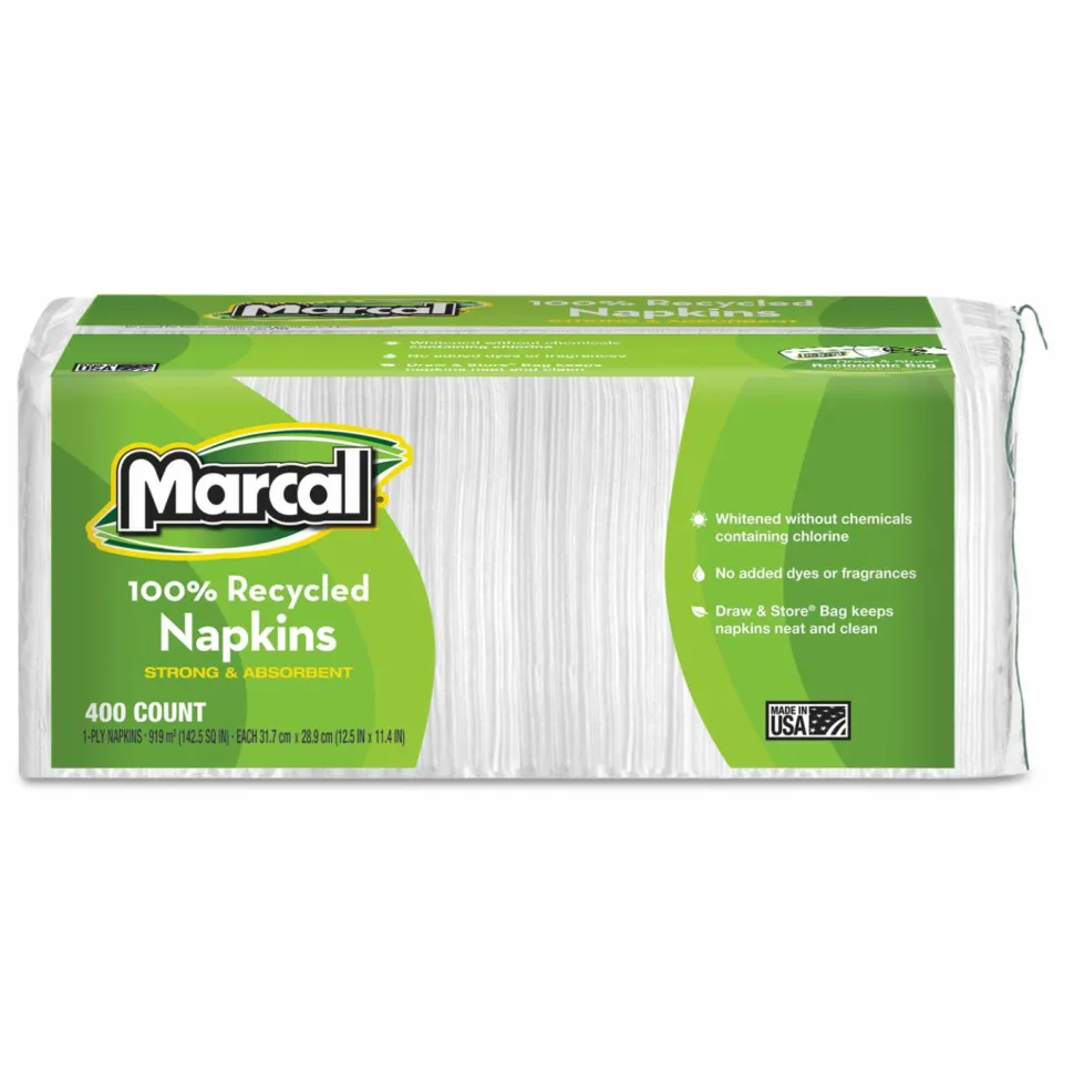 Marcal 1-Ply Luncheon Napkins, 12-1/2"H x 11-1/4"W, 100% Recycled Paper, White, 400 Napkins Per Pack, 6 Packs Per Carton