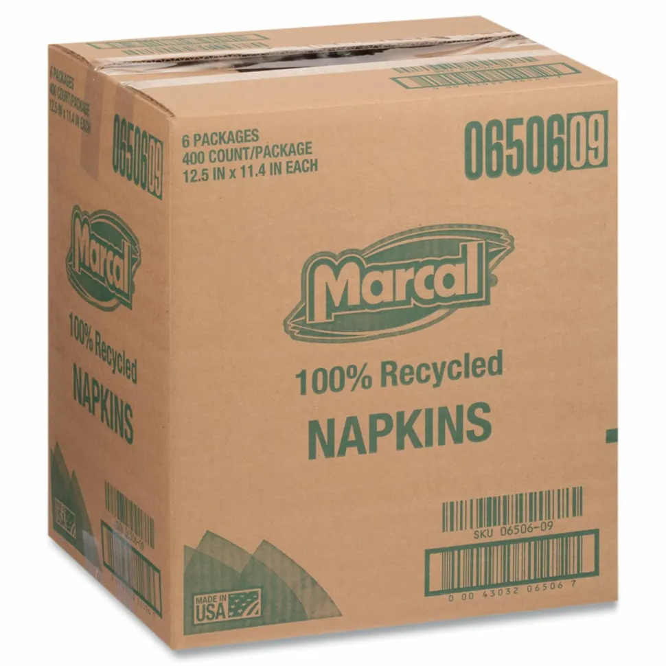 Marcal 1-Ply Luncheon Napkins, 12-1/2"H x 11-1/4"W, 100% Recycled Paper, White, 400 Napkins Per Pack, 6 Packs Per Carton