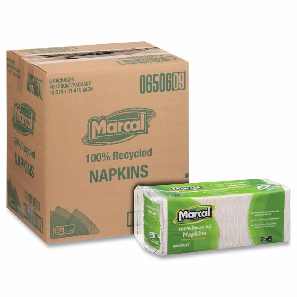 Marcal 1-Ply Luncheon Napkins, 12-1/2"H x 11-1/4"W, 100% Recycled Paper, White, 400 Napkins Per Pack, 6 Packs Per Carton