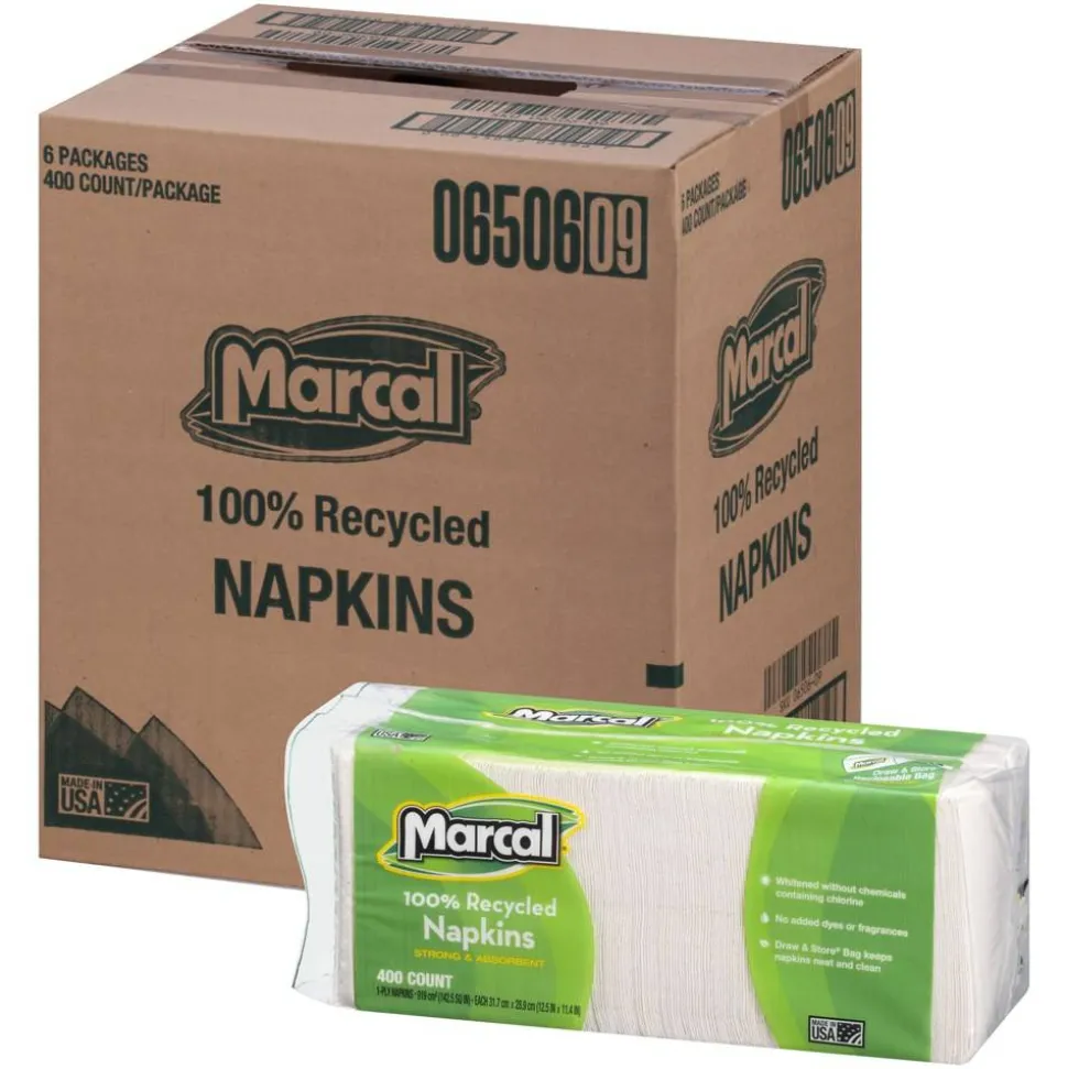 Marcal 1-Ply Luncheon Napkins, 12-1/2"H x 11-1/4"W, 100% Recycled Paper, White, 400 Napkins Per Pack, 6 Packs Per Carton