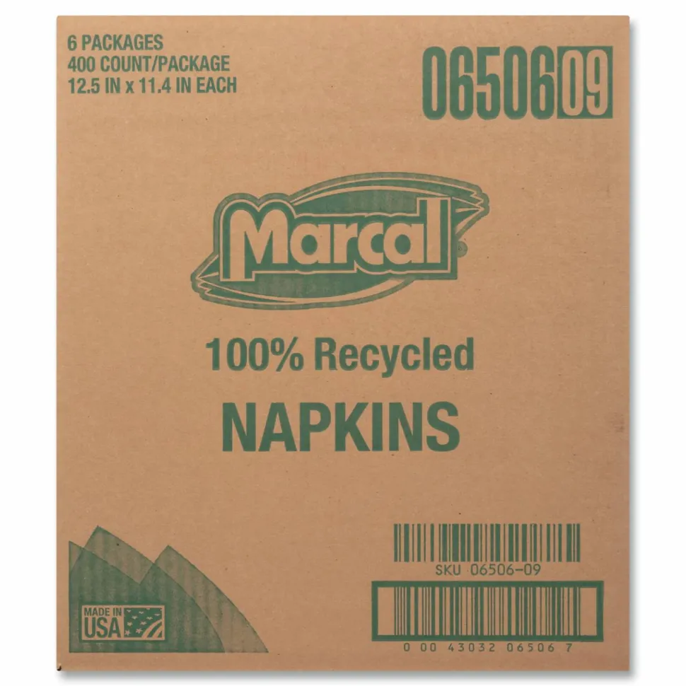 Marcal 1-Ply Luncheon Napkins, 12-1/2"H x 11-1/4"W, 100% Recycled Paper, White, 400 Napkins Per Pack, 6 Packs Per Carton