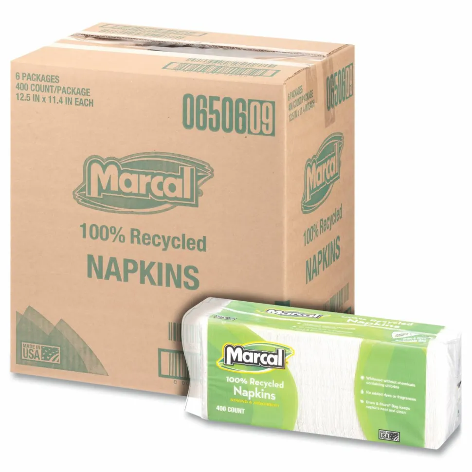 Marcal 1-Ply Luncheon Napkins, 12-1/2"H x 11-1/4"W, 100% Recycled Paper, White, 400 Napkins Per Pack, 6 Packs Per Carton
