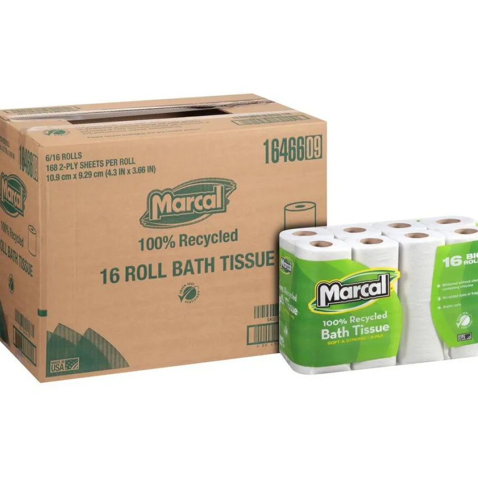 Marcal Small Steps 2-Ply Toilet Paper, 100% Recycled, 168 Sheets Per Roll, Pack Of 16 Rolls, 16466