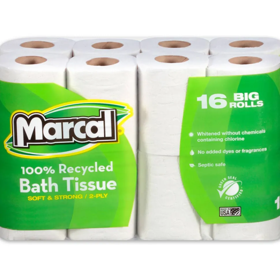 Marcal Small Steps 2-Ply Toilet Paper, 100% Recycled, 168 Sheets Per Roll, Pack Of 16 Rolls, 16466
