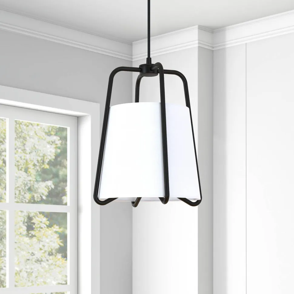 Marduk 11" Wide Pendant with Fabric Shade in Blackened Bronze/White
