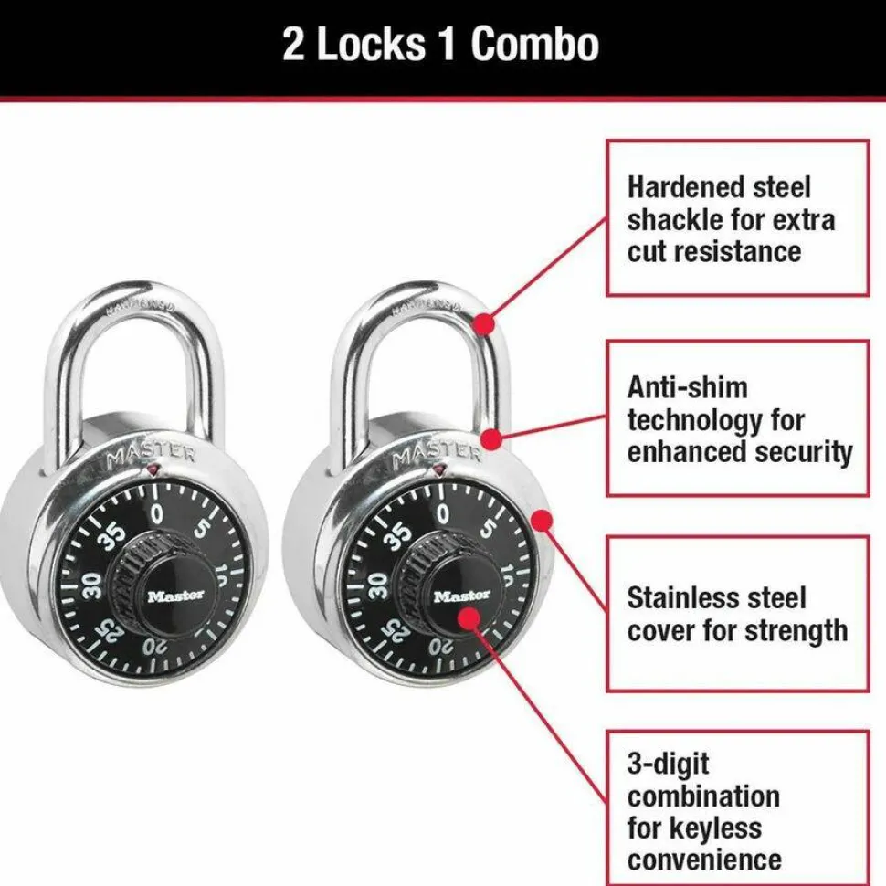 Master Lock Combination Padlock, Black, Pack Of 2