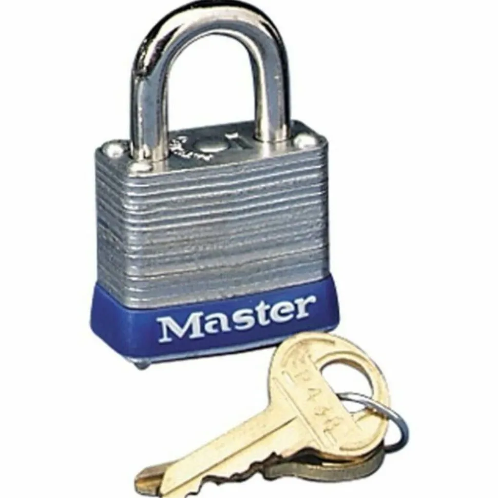Master Lock Four-Pin Tumbler Lock, Laminated Steel Body, 1.12" Wide, Silver/Blue, 2 Keys