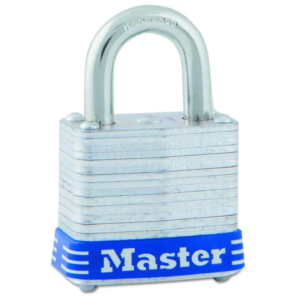 Master Lock Four-Pin Tumbler Lock, Laminated Steel Body, 1.12" Wide, Silver/Blue, 2 Keys
