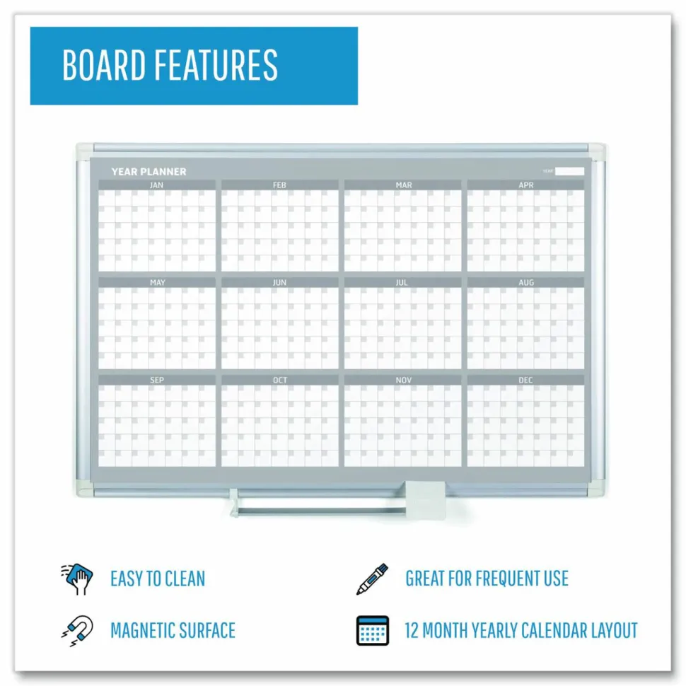 MasterVision Magnetic Dry Erase Calendar Board, 12-Month Planning/Scheduling, 36" x 24", White Surface, Satin Aluminum Frame