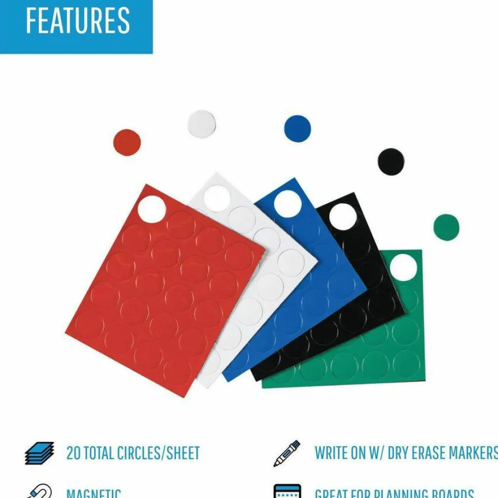MasterVision Magnetic Color Coding Dots, BVCFM1601, 3/4" Diameter, Round, Blue, Vinyl, 20 Per Pack