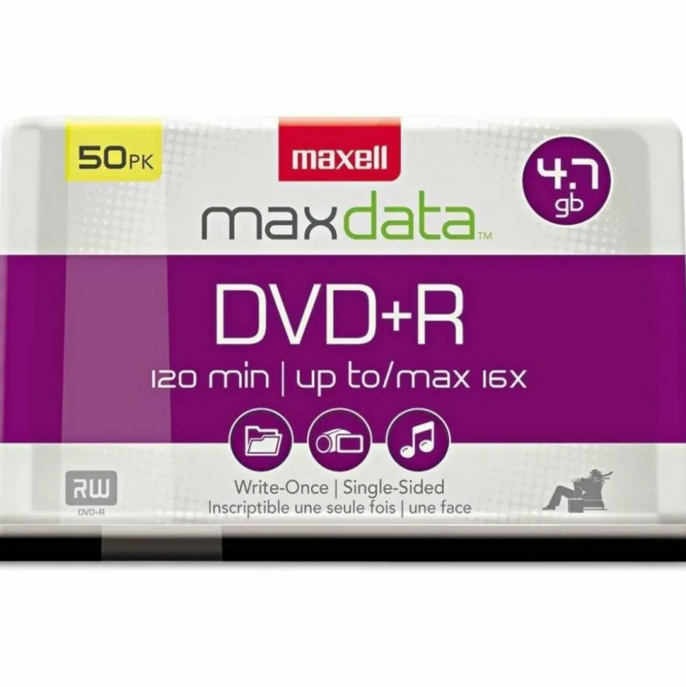 Maxell DVD+R Recordable Media Spindle, 4.7GB/120 Minutes, Pack Of 50