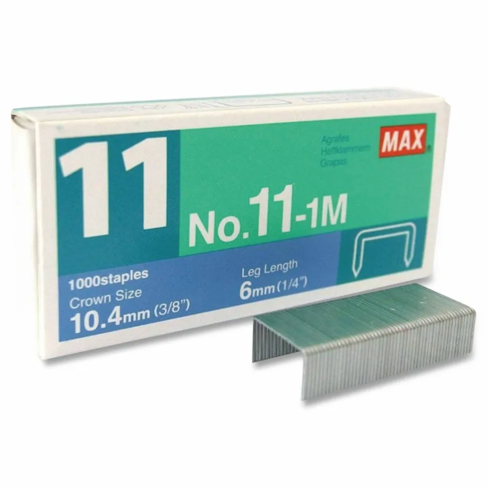 MAX No. 11-1M Staples - 50 Per Strip - 15/64" Leg - 7/17" Crown - for Paper - Silver - 1000 / Box