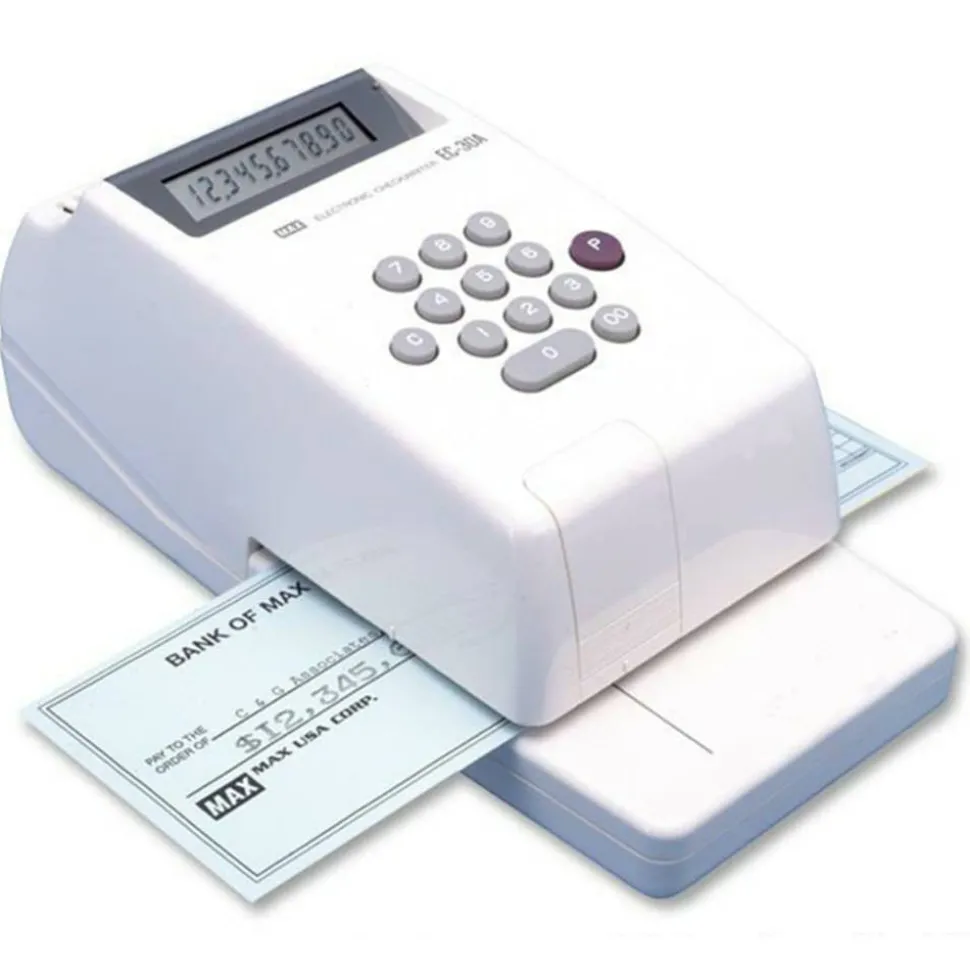 MAX USA Electronic Check Writer, 10-Digit, 3 13/16" x 4 7/16" x 9 1/8", Gray/Platinum
