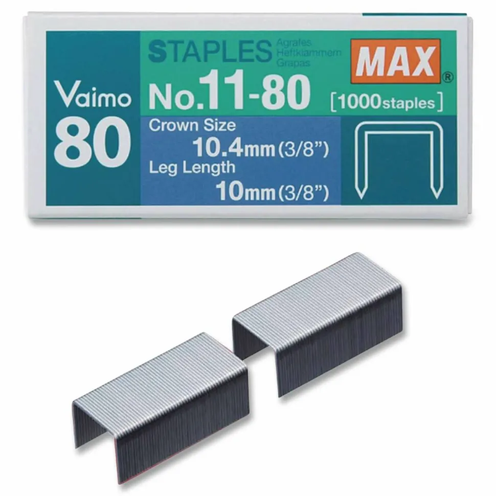 MAX Vaimo 80 Stapler Replacement Staples - 3/8" Leg - 3/8" Crown - Silver - 1 Box