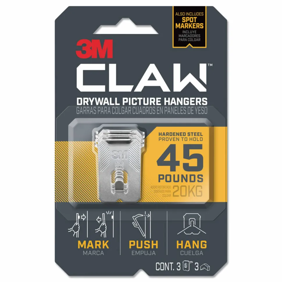 3M Claw Drywall Picture Hanger, Stainless Steel, 45 lb Capacity, 3 Hooks and 3 Spot Markers
