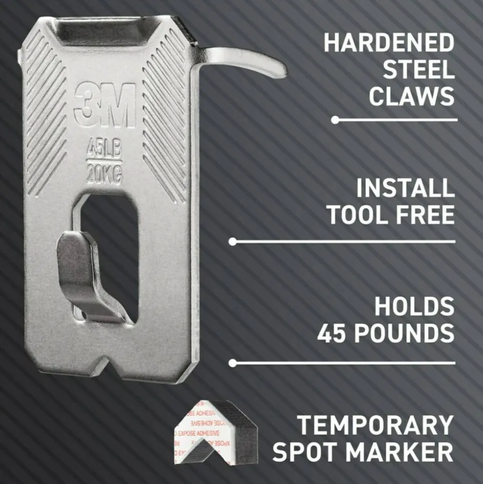 3M Claw Drywall Picture Hanger, Stainless Steel, 45 lb Capacity, 3 Hooks and 3 Spot Markers