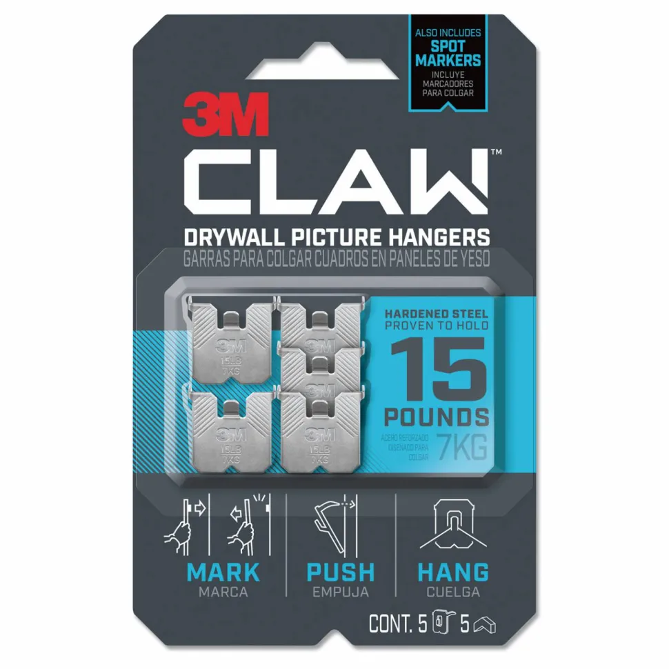 3M Claw Drywall Picture Hanger, Stainless Steel, 15 lb Capacity, 5 Hooks and 5 Spot Markers