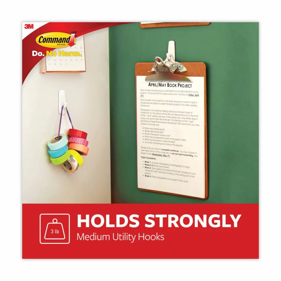 3M Command Utility Hooks, Medium, 5-5/8" x 3-13/16" x 5-1/8", White, Box Of 37 Hooks