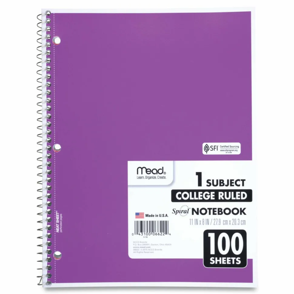 Mead Spiral Notebook, 8" x 11", 1 Subject, College Ruled, 200 Pages (100 Sheets), Assorted Colors