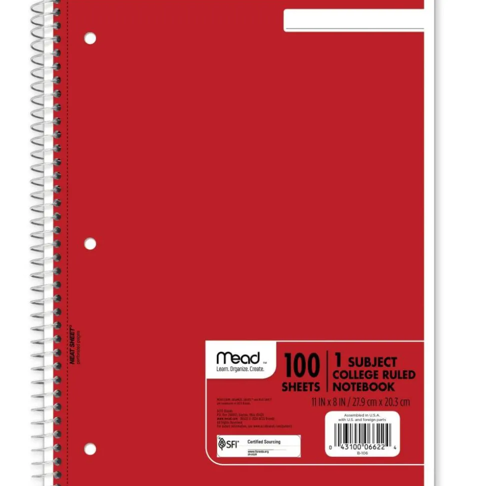 Mead Spiral Notebook, 8" x 11", 1 Subject, College Ruled, 200 Pages (100 Sheets), Assorted Colors
