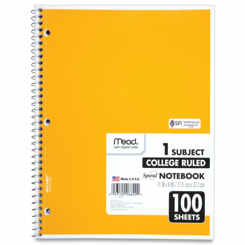 Mead Spiral Notebook, 8" x 11", 1 Subject, College Ruled, 200 Pages (100 Sheets), Assorted Colors