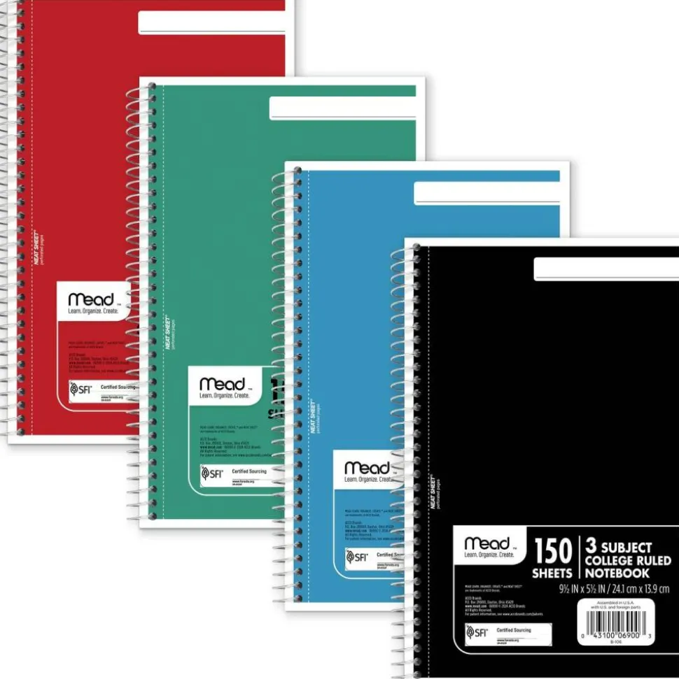 Mead Spiral Notebook, 3-Subject, Medium/College Rule, Randomly Assorted Cover Color, (150) 9.5 x 5.5 Sheets