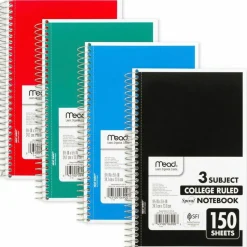 Mead Spiral Notebook, 3-Subject, Medium/College Rule, Randomly Assorted Cover Color, (150) 9.5 x 5.5 Sheets