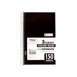 Mead Spiral Notebook, 3-Subject, Medium/College Rule, Randomly Assorted Cover Color, (150) 9.5 x 5.5 Sheets