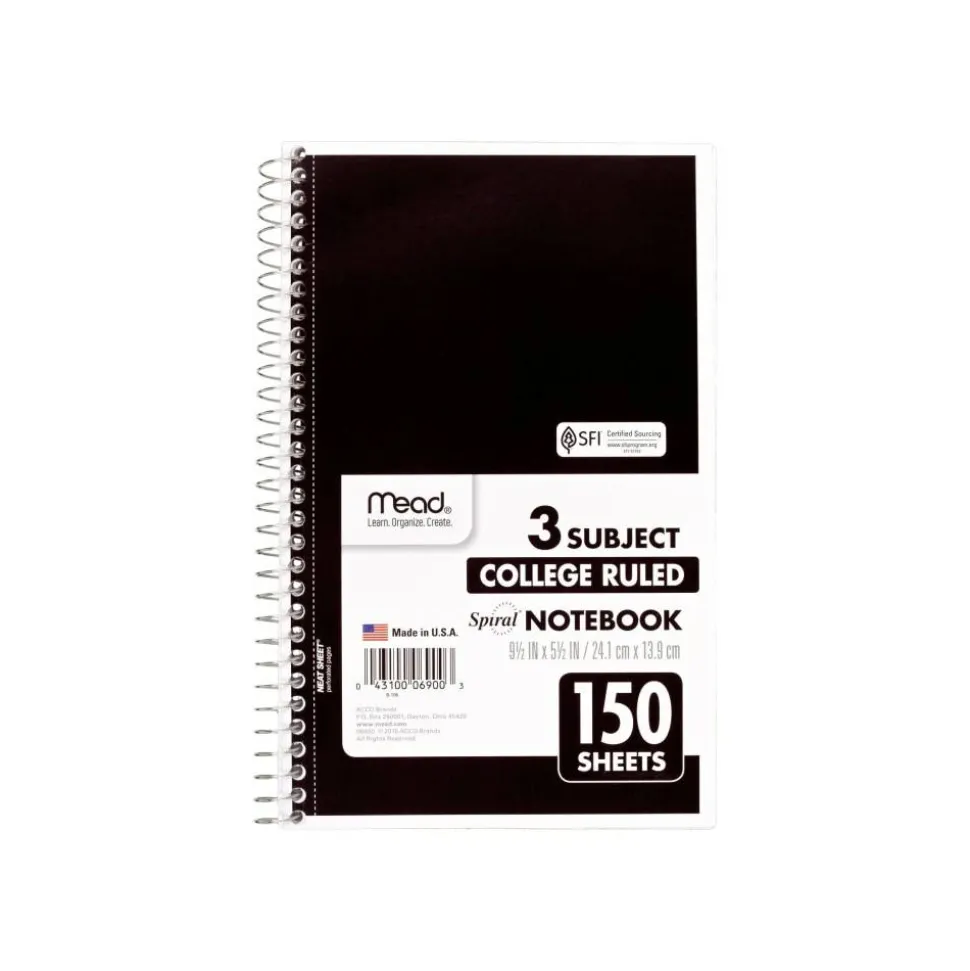 Mead Spiral Notebook, 3-Subject, Medium/College Rule, Randomly Assorted Cover Color, (150) 9.5 x 5.5 Sheets