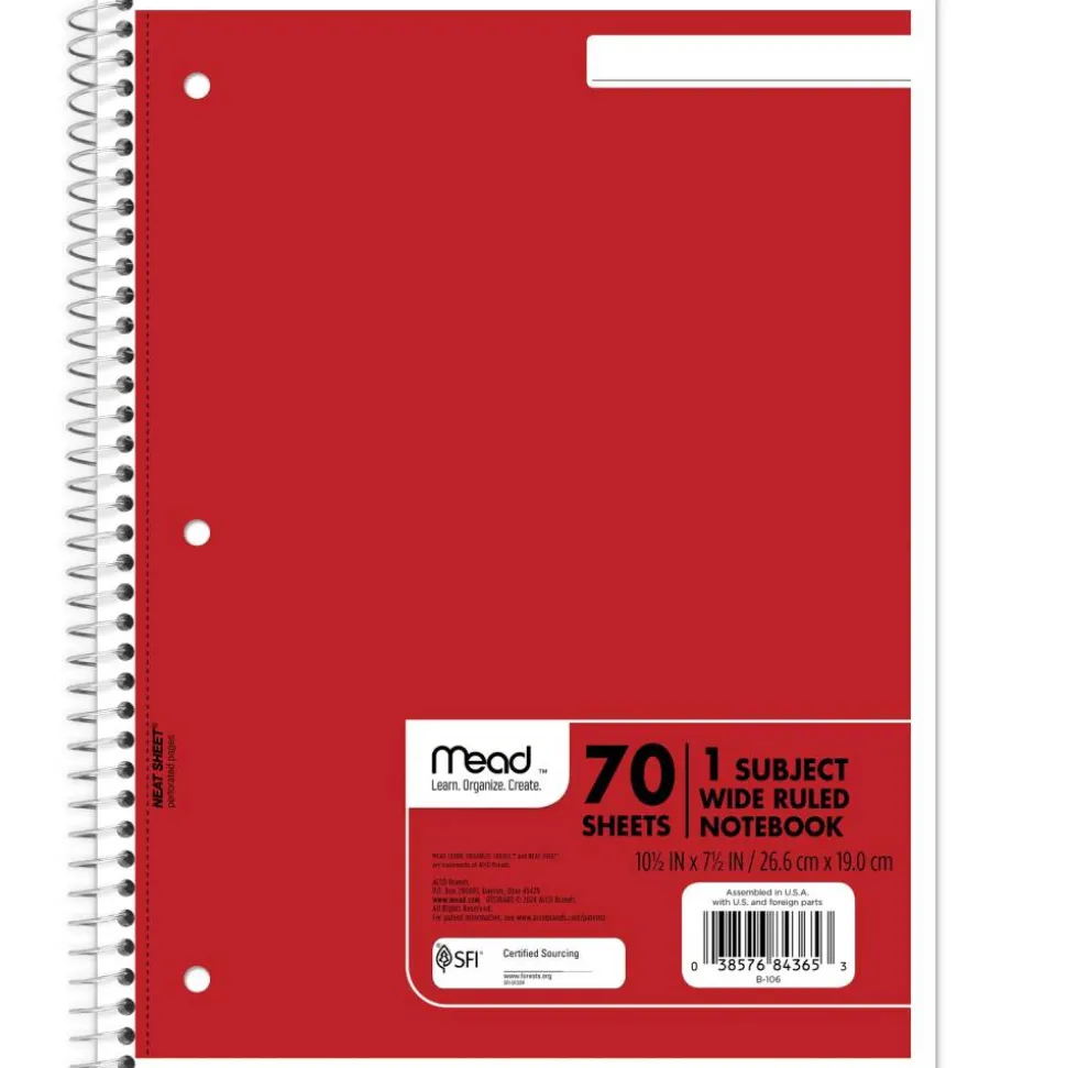 Mead Spiral Notebooks, 7-1/2" x 10-1/2", 1 Subject, Wide Ruled, 70 Sheets, Assorted Colors, Pack Of 6 Notebooks