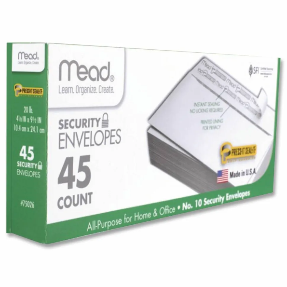 Mead Press-it Seal-it Self-Adhesive Security Envelope, #10, Monarch Flap, Self-Adhesive Closure, 4.25 x 9.13, White, 45/Box