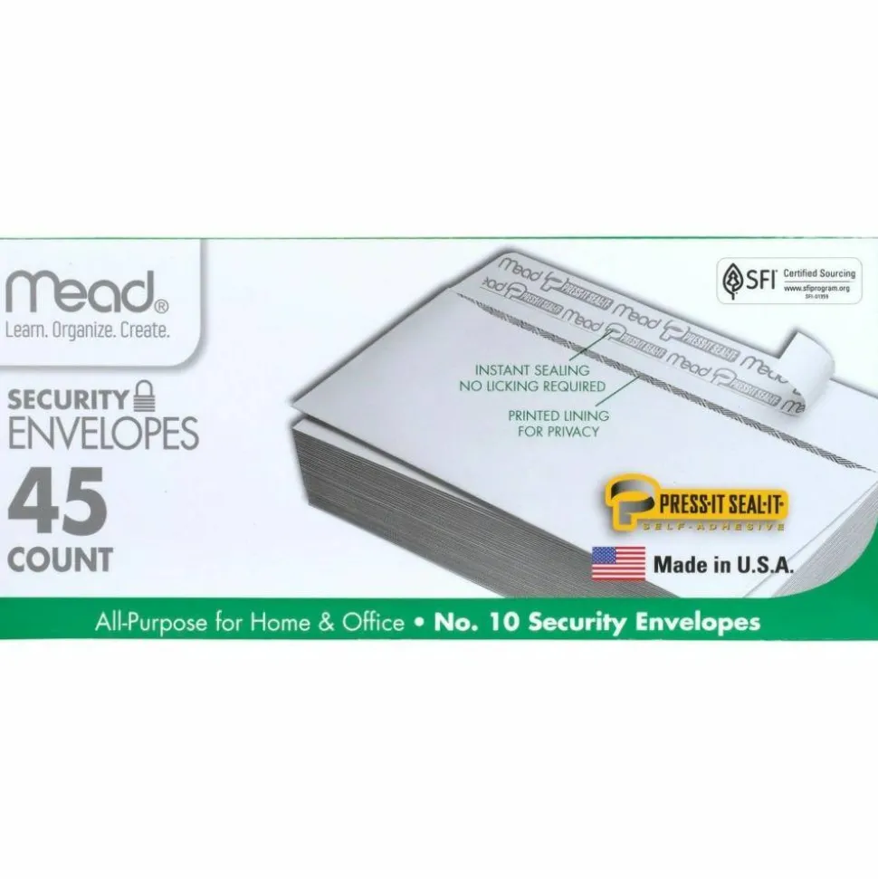 Mead Press-it Seal-it Self-Adhesive Security Envelope, #10, Monarch Flap, Self-Adhesive Closure, 4.25 x 9.13, White, 45/Box