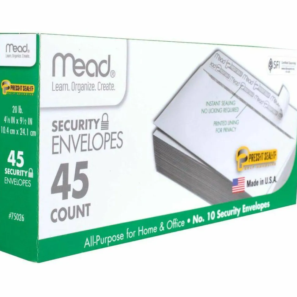 Mead Press-it Seal-it Self-Adhesive Security Envelope, #10, Monarch Flap, Self-Adhesive Closure, 4.25 x 9.13, White, 45/Box