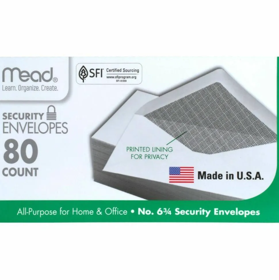 Mead White Security Envelopes - Security - #6 3/4 - 6 1/2" Width x 3 5/8" Length - 20 lb - Gummed - Wove - 80 / Box - White