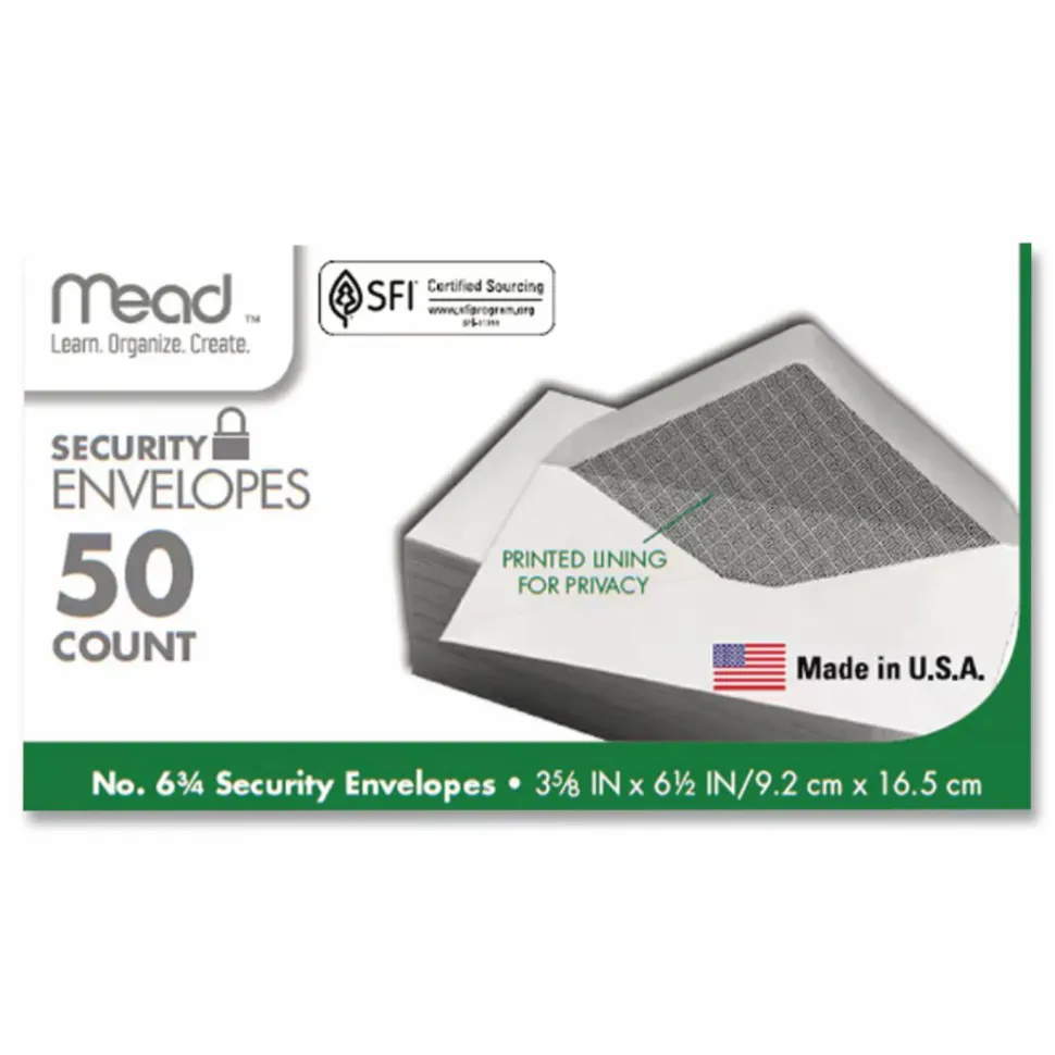 Mead White Security Envelopes - Security - #6 3/4 - 6 1/2" Width x 3 5/8" Length - 20 lb - Gummed - Wove - 80 / Box - White